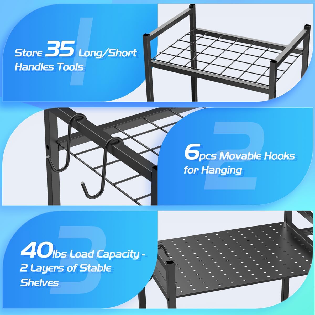 Garden Tool Storage Rack with 6 Hooks and 2-tier Metal Shelves T863215
