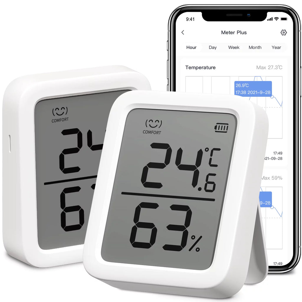 Thermometer & Hygrometer, Bluetooth Temperature Humidity Sensor, 3" LCD Display, White, 2 Pack K10762