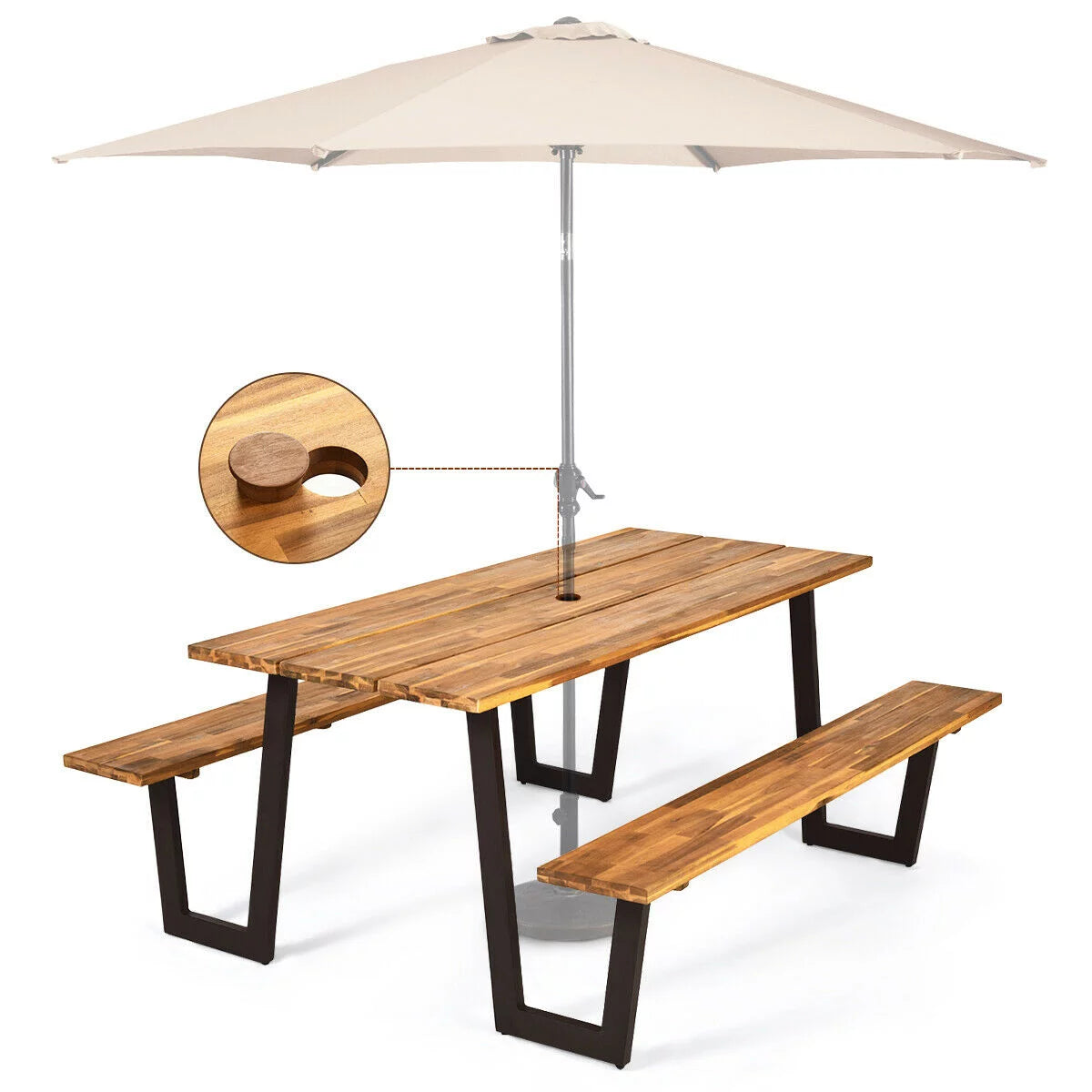 Wooden Picnic Table Bench Set with Umbrella Hole R912