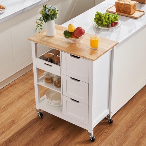 White 26 inch Rolling Kitchen Island Cart with 3 Drawers and Shelves X59820
