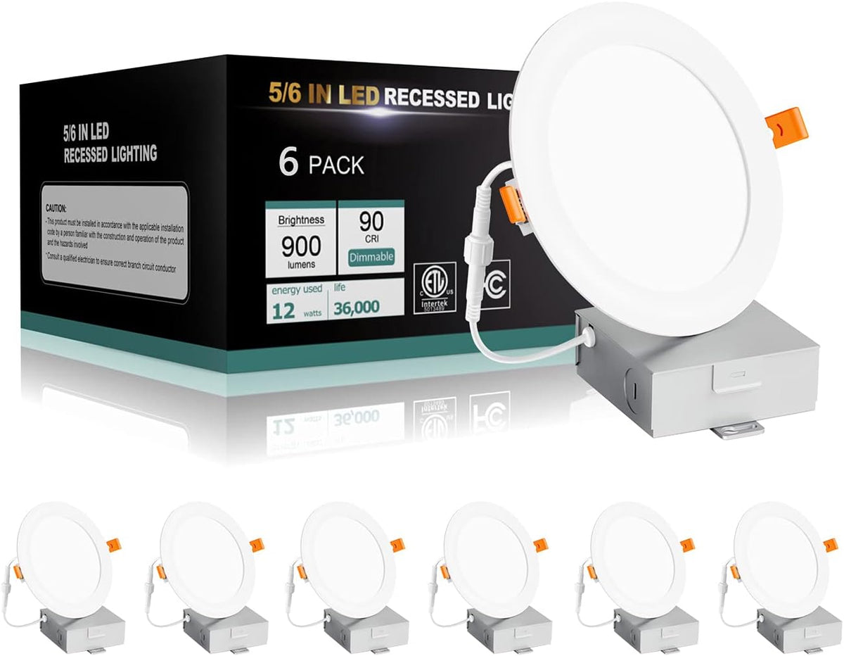 12W 12PACK 6 Inch LED Recessed Light with Junction Box, 5000K Daylight R484