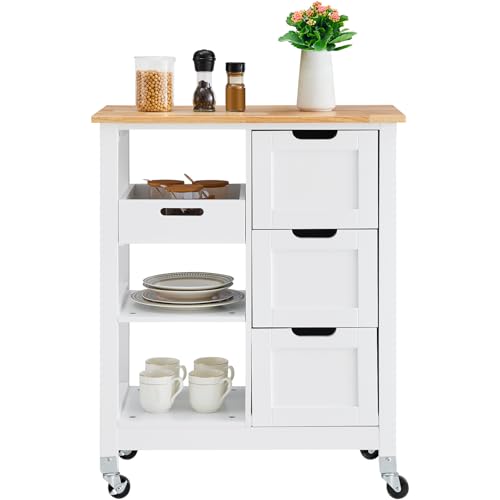 White 26 inch Rolling Kitchen Island Cart with 3 Drawers and Shelves X59820