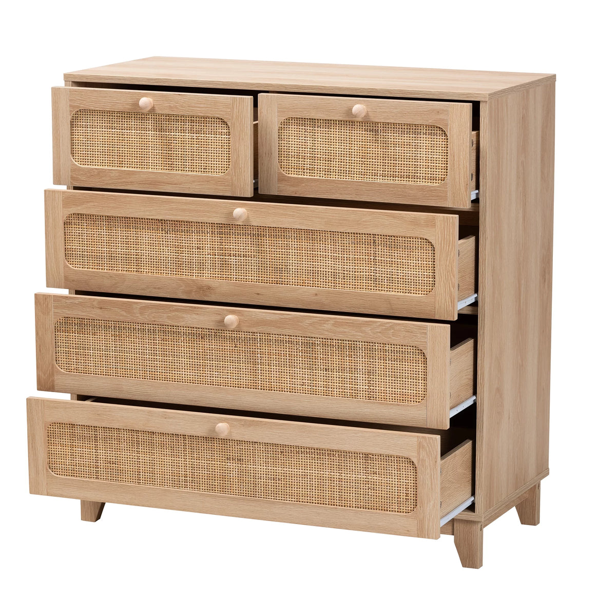 Oak Brown Wood and Natural Rattan 5-Drawer Storage Cabinet V1167