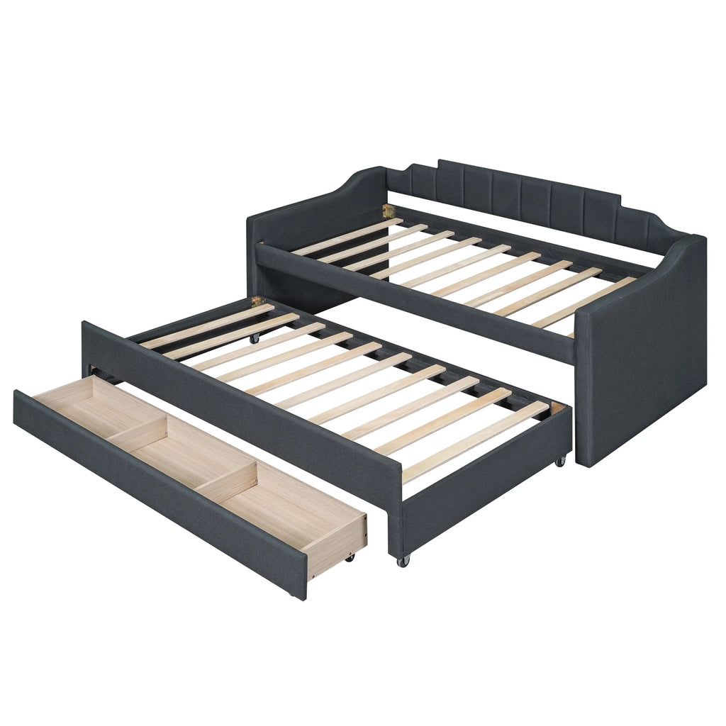 Twin Size Upholstered Daybed with Trundle and Drawers, Dark Gray J9545