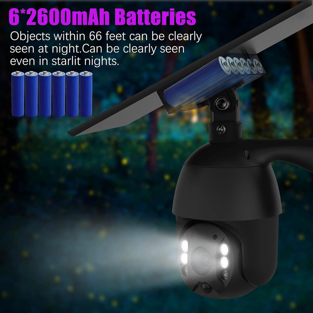 Solar Powered Wireless Security Camera Outdoor Pan Tilt WiFi Waterproof with Spotlight Battery Solar Panel Color Night Vision Motion Detection 2-Way Audio SD&Cloud Storage Black J500