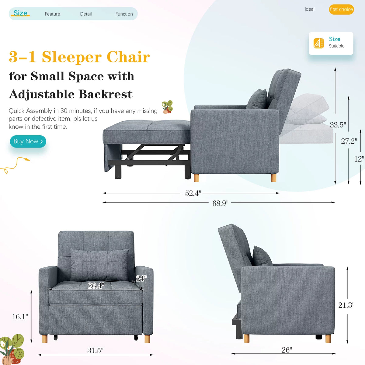 Dark Grey 3 in 1 Sleeper Sofa Chair with Pillow N877