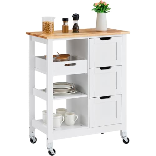 White 26 inch Rolling Kitchen Island Cart with 3 Drawers and Shelves X59820
