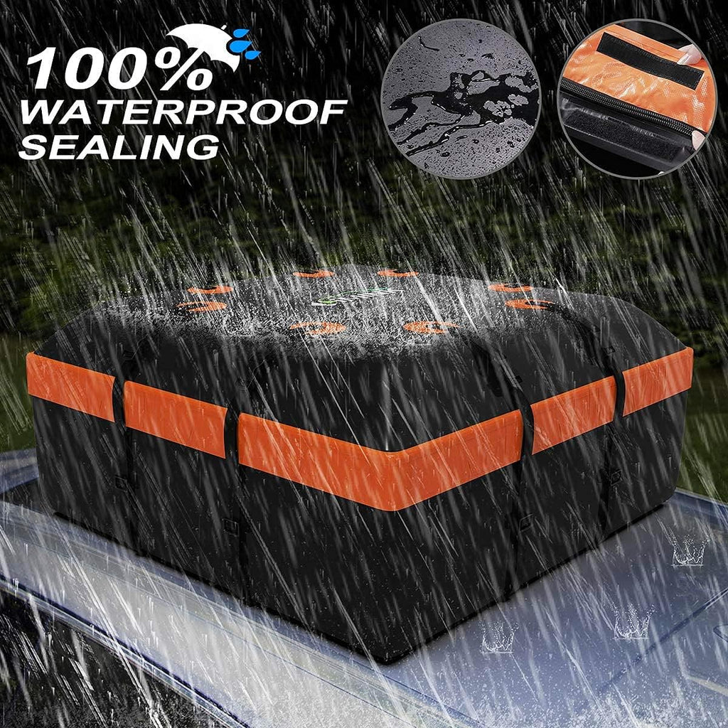 Car Rooftop Cargo Carrier Bag 15 Cubic Feet Waterproof Heavy Duty 800D PVC Soft-Shell Roof Carrier with Storage Bag and Protective Mat T744840
