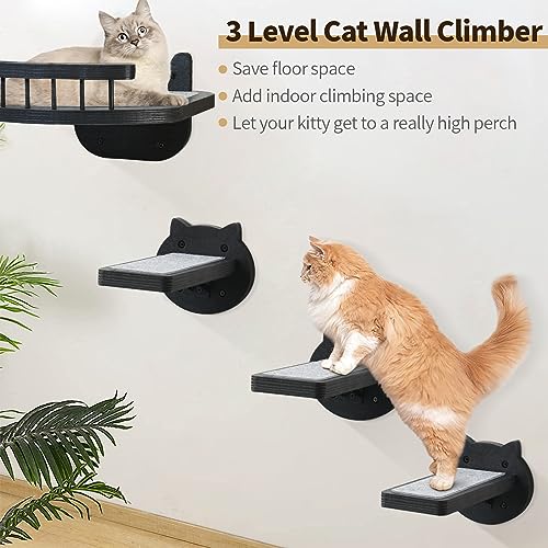 Black Wall-Mounted Cat Shelves with Scratching Pad P359