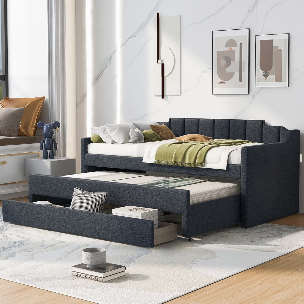 Twin Size Upholstered Daybed with Trundle and Drawers, Dark Gray J9545