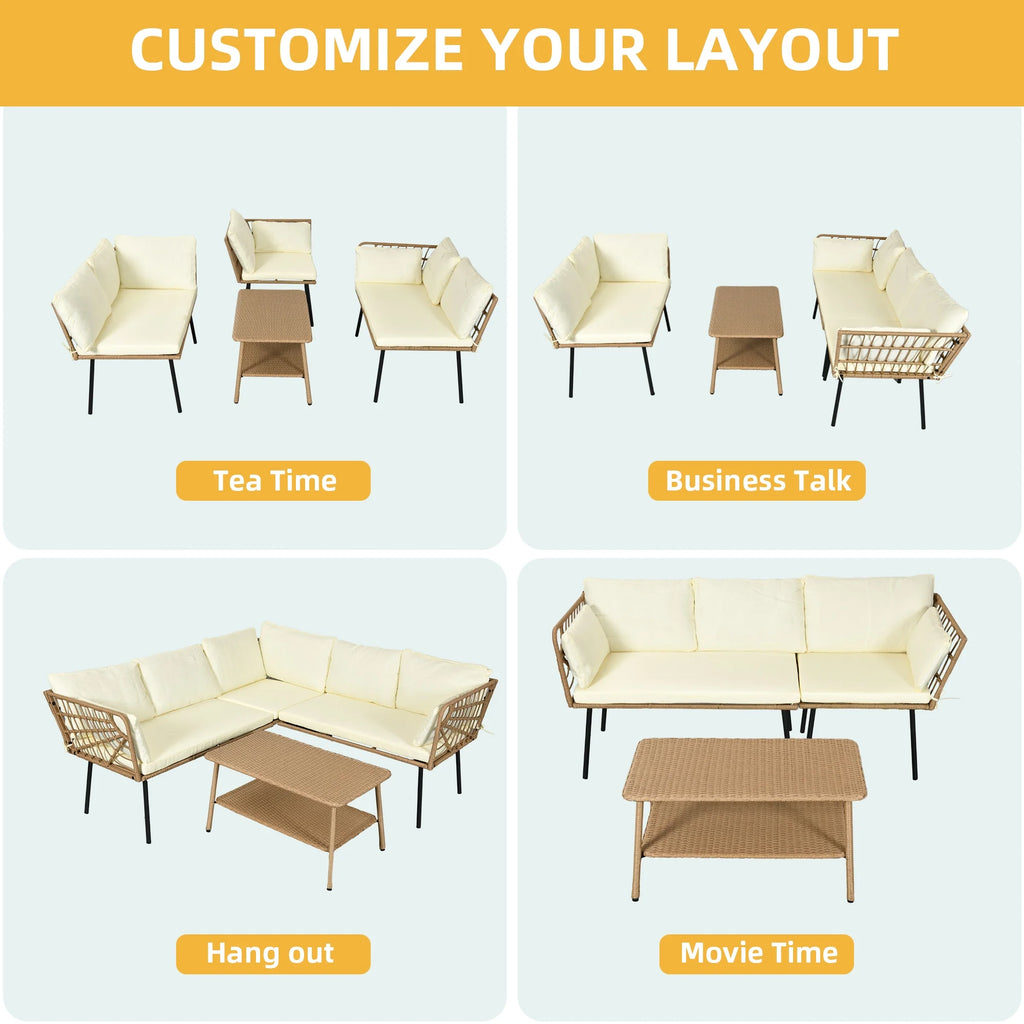 Beige Wicker L-Shaped Sofa Set with Cushions and Coffee Table V25988