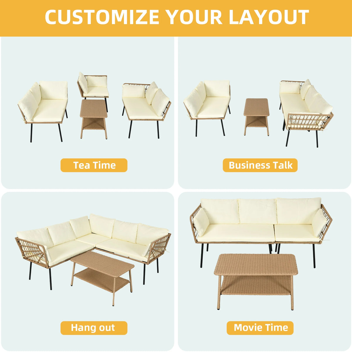 Beige Wicker L-Shaped Sofa Set with Cushions and Coffee Table V25988