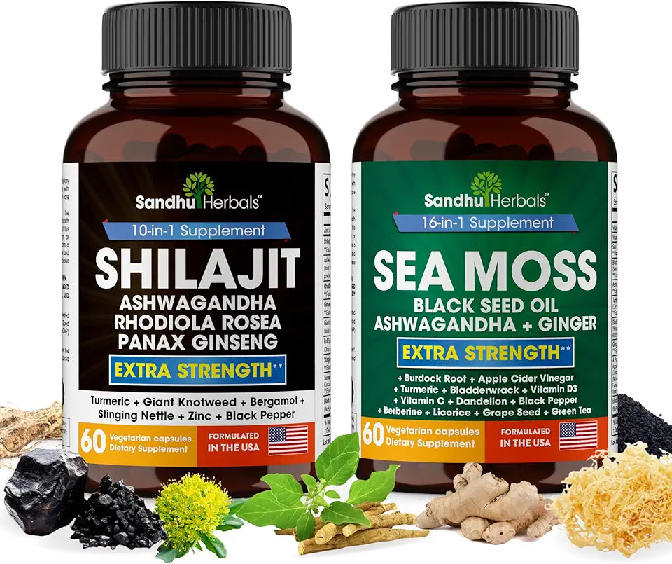 Sea Moss, Shilajit, Black Seed Oil, Ashwagandha, Ginger, Rhodiola Rosea, Panax Ginseng, Stinging Nettle N179