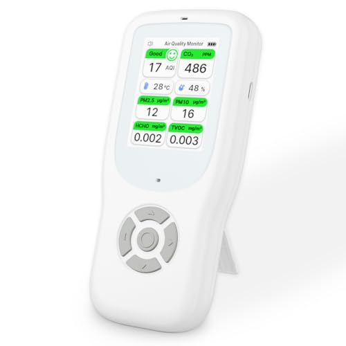 11-in-1 Air Quality Monitor with Stand for AQI, CO2, PM2.5, PM1.0, PM10, TVOC, HCHO, Particles, Temperature & Humidity (White-White) P300
