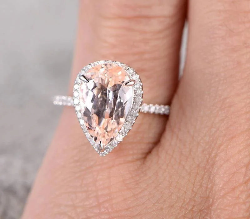 Pear Cut Morganite and Diamond Moissanite Halo Engagement Ring with 18k Gold Plating B108534