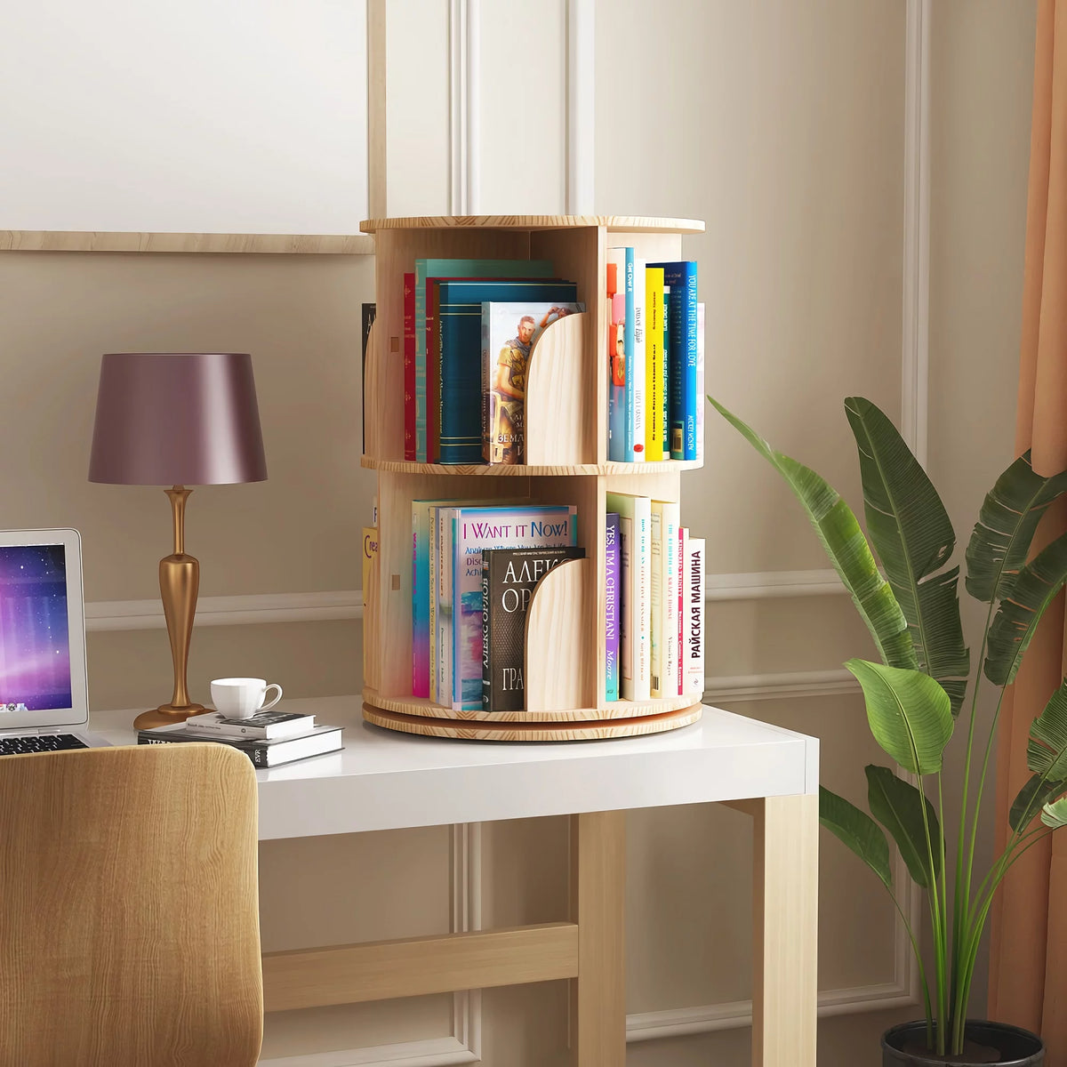 2 Tier Rotating Solid Wood Bookshelf I74949