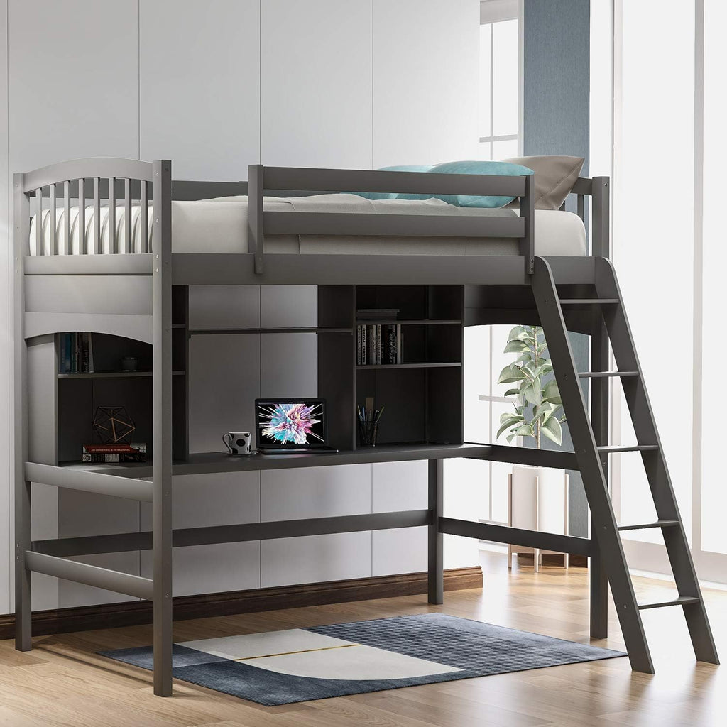 Twin Size Solid Wood Loft Bed with Desk and Storage Shelves D857195
