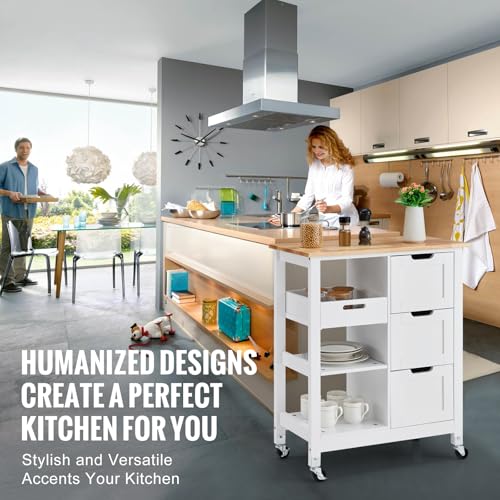 White 26 inch Rolling Kitchen Island Cart with 3 Drawers and Shelves X59820