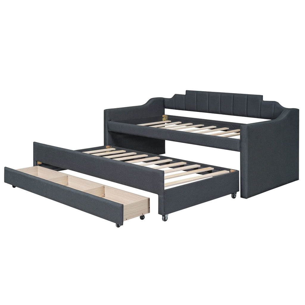 Twin Size Upholstered Daybed with Trundle and Drawers, Dark Gray J9545