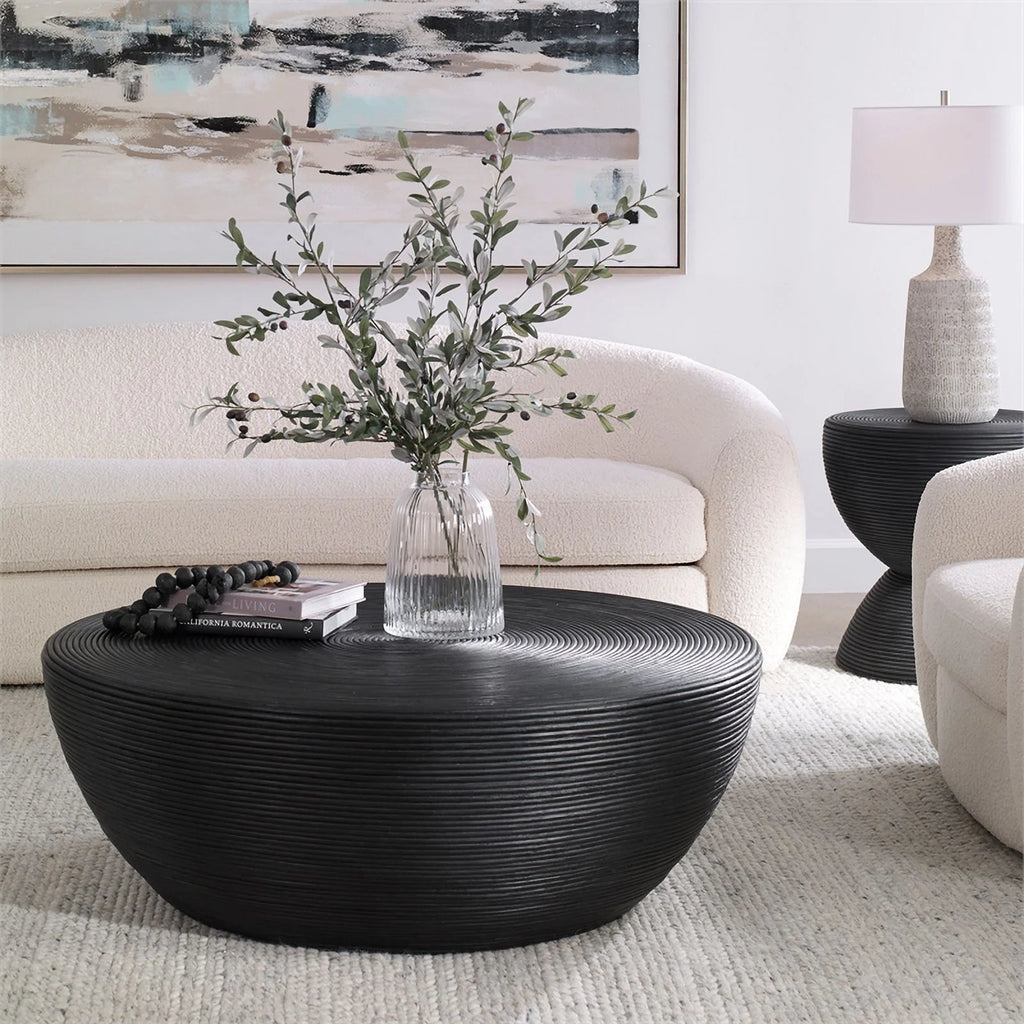 43.75" Round Rattan Coffee Table in Black K2517