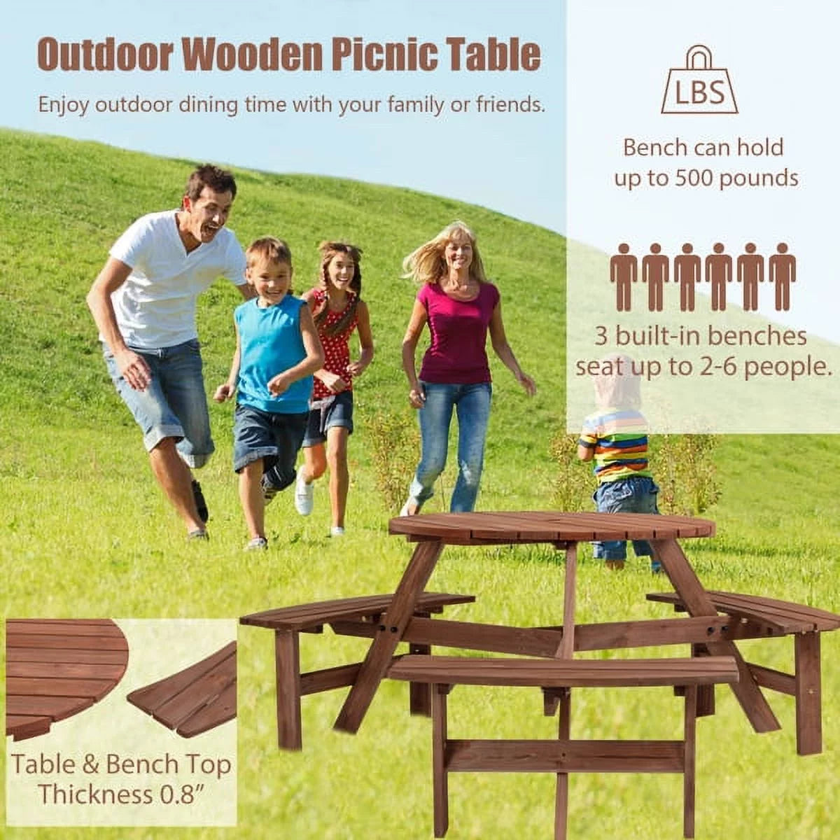 6-Person Circular Wooden Picnic Table with 3 Built-in Benches N877