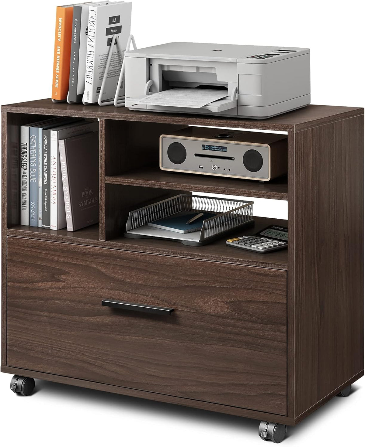 Walnut Wood Lateral File Cabinet with 1 Drawer and Storage Door H16304