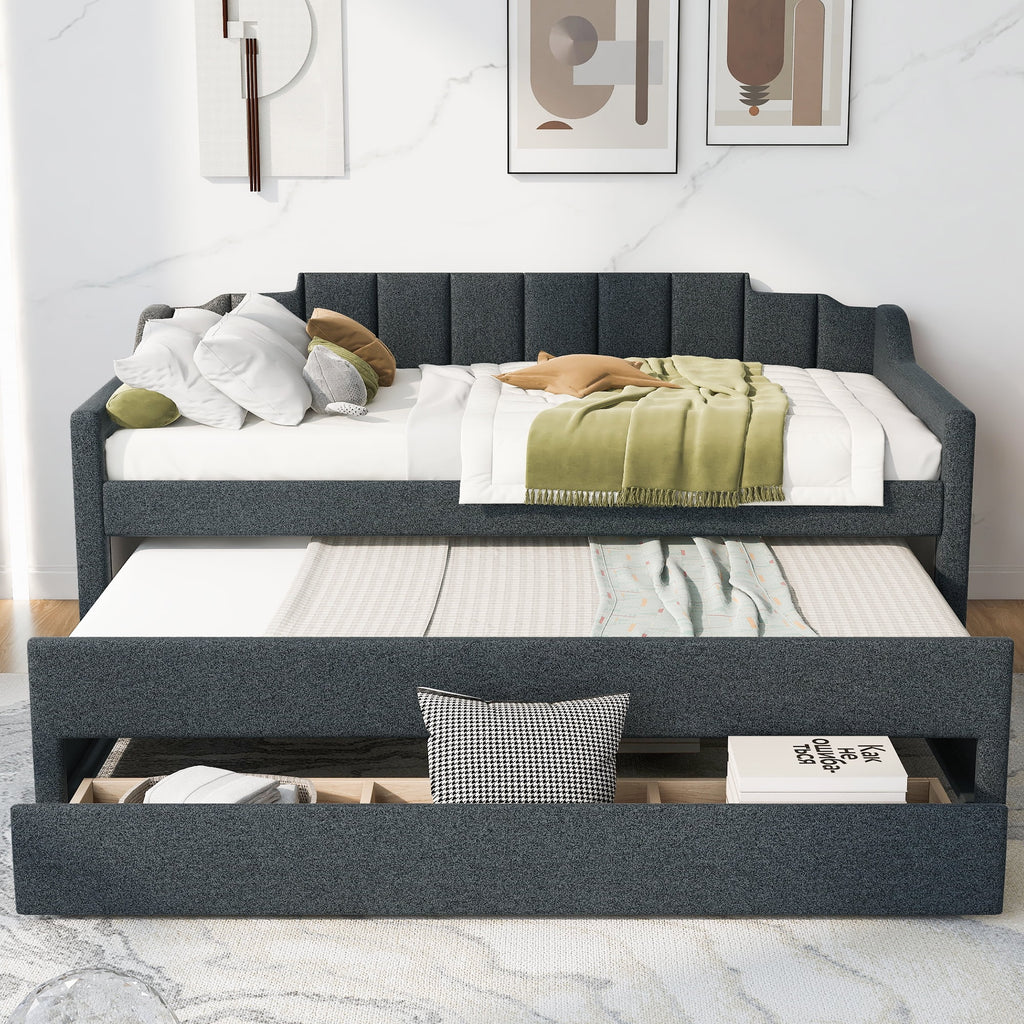 Twin Size Upholstered Daybed with Trundle and Drawers, Dark Gray J9545