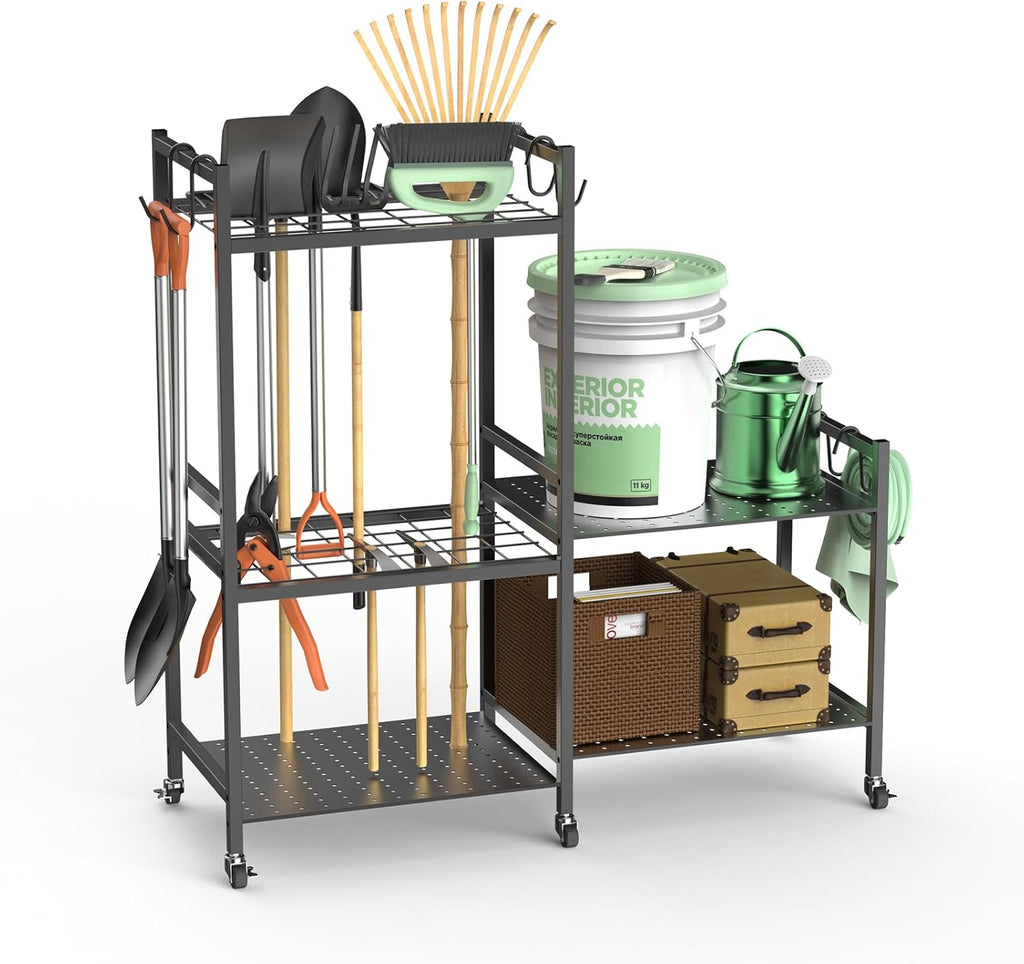 Garden Tool Storage Rack with 6 Hooks and 2-tier Metal Shelves T863215
