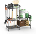 Garden Tool Storage Rack with 6 Hooks and 2-tier Metal Shelves T863215