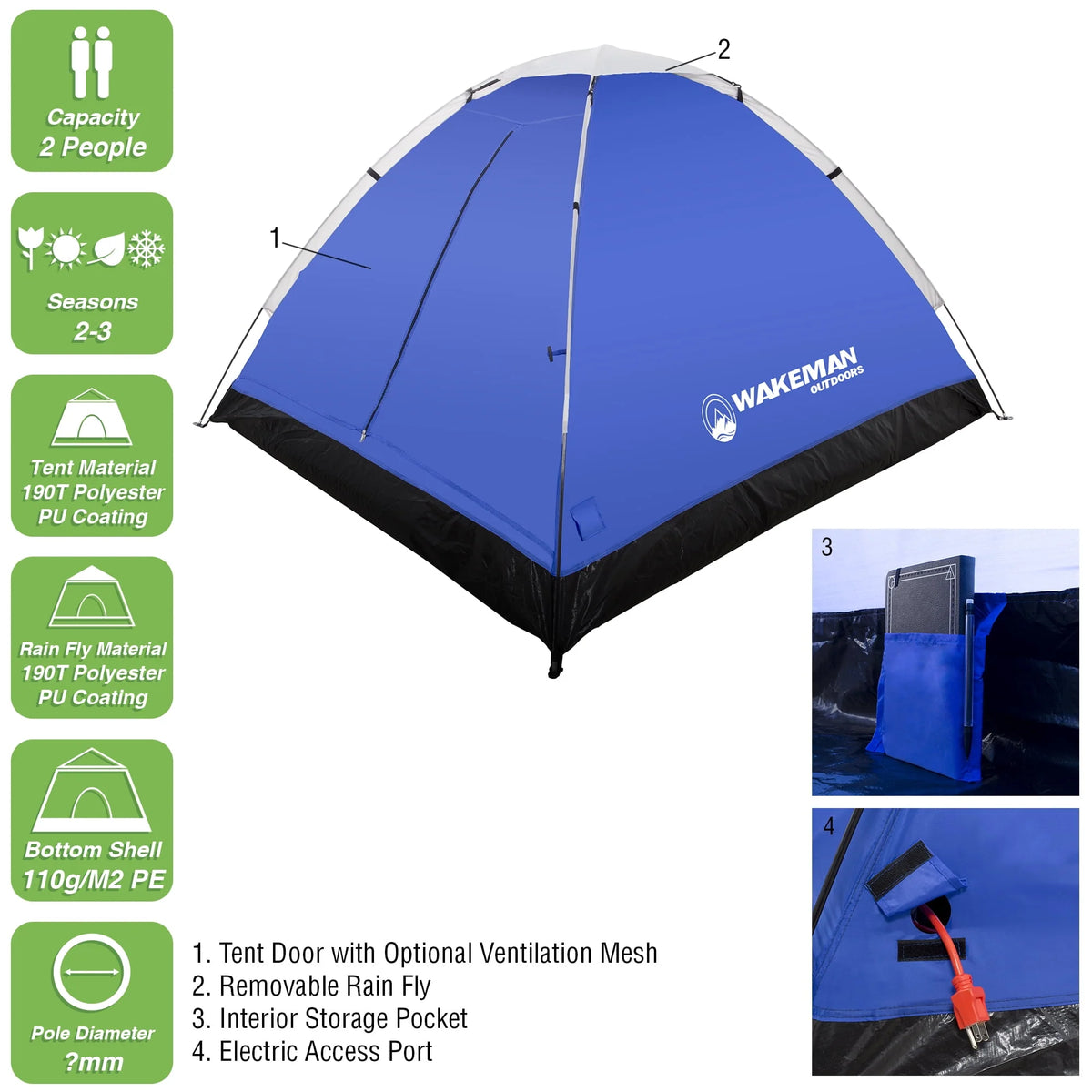2-Person Water-Resistant Dome Tent with Rain Fly and Carry Bag U350