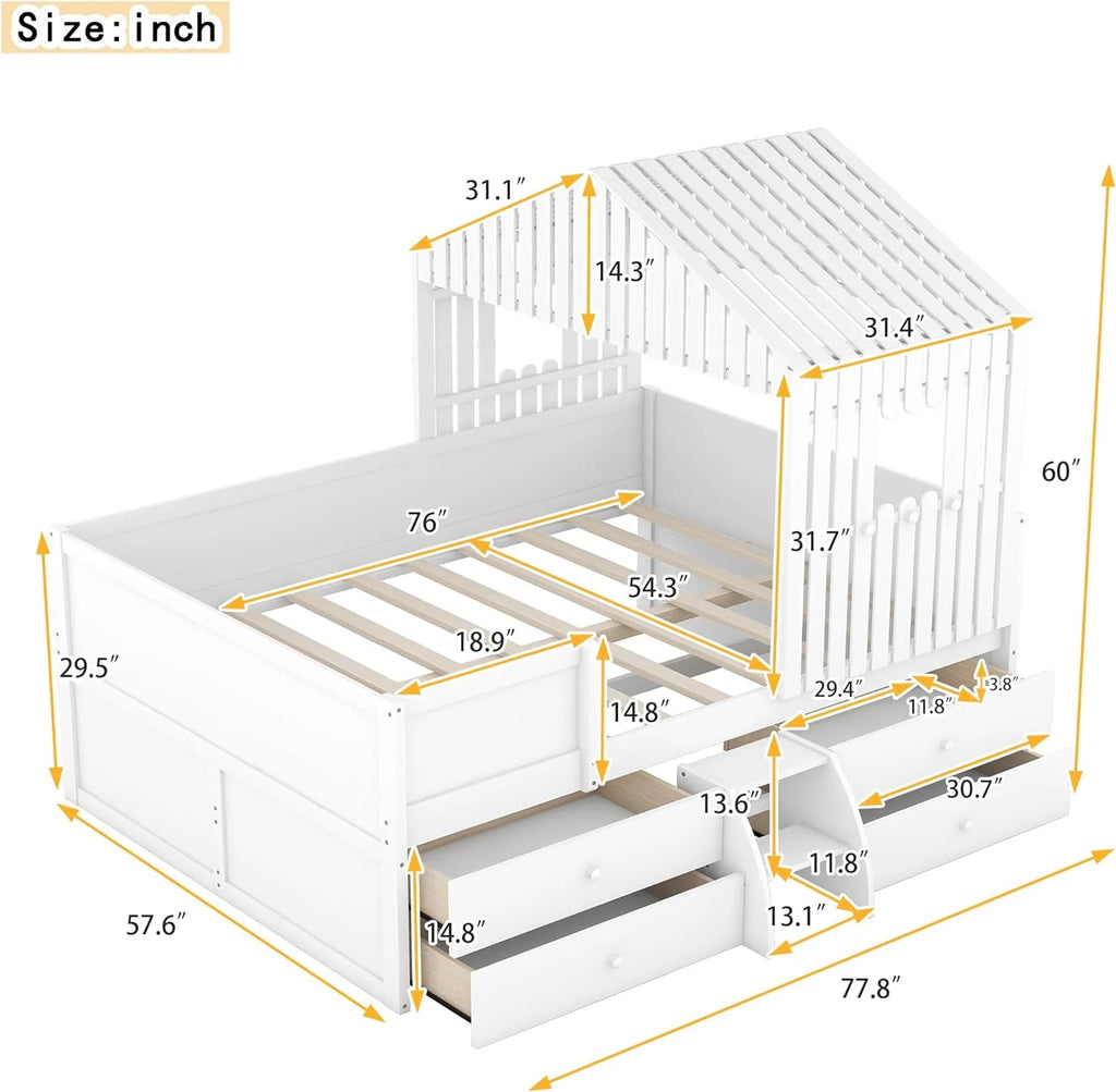 White Full Size Wood House Bed with 4 Drawers S97969
