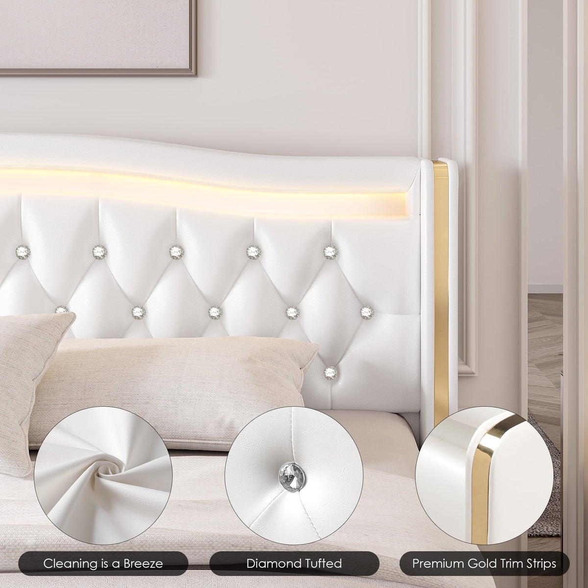 White Full Size LED Bed Frame with 4 Storage Drawers S486