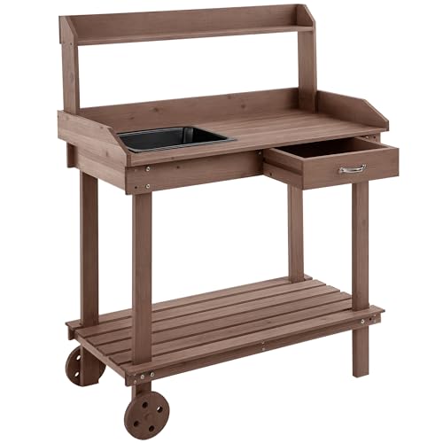 36" Wooden Potting Bench Work Table with 2 Removable Wheels, Brown J925