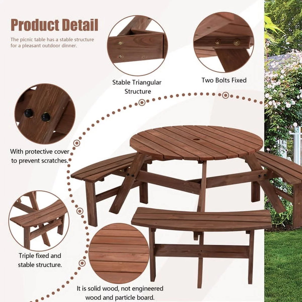 6-Person Circular Wooden Picnic Table with 3 Built-in Benches N877