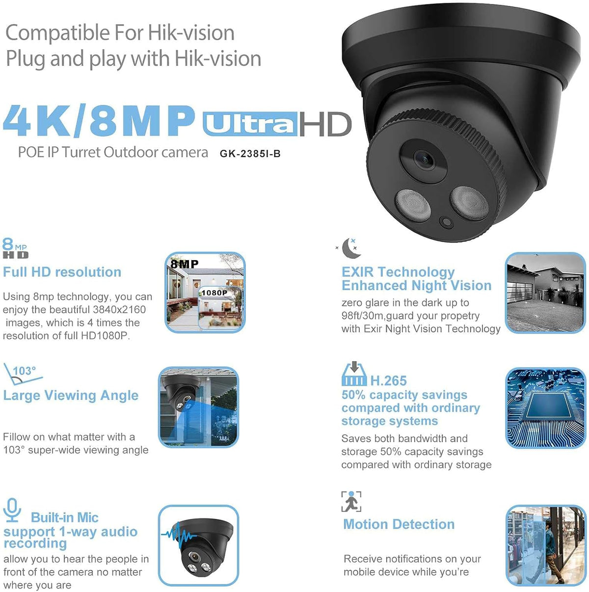 4K 8MP Outdoor PoE IP Turret Camera with Mic/Audio, 2.8mm Lens, IP67, WDR, Motion Detection X523