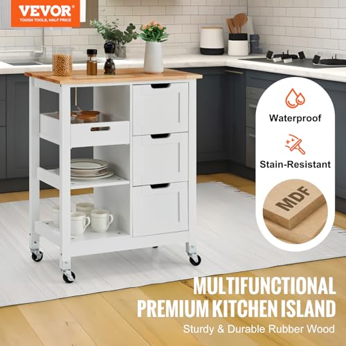 White 26 inch Rolling Kitchen Island Cart with 3 Drawers and Shelves X59820