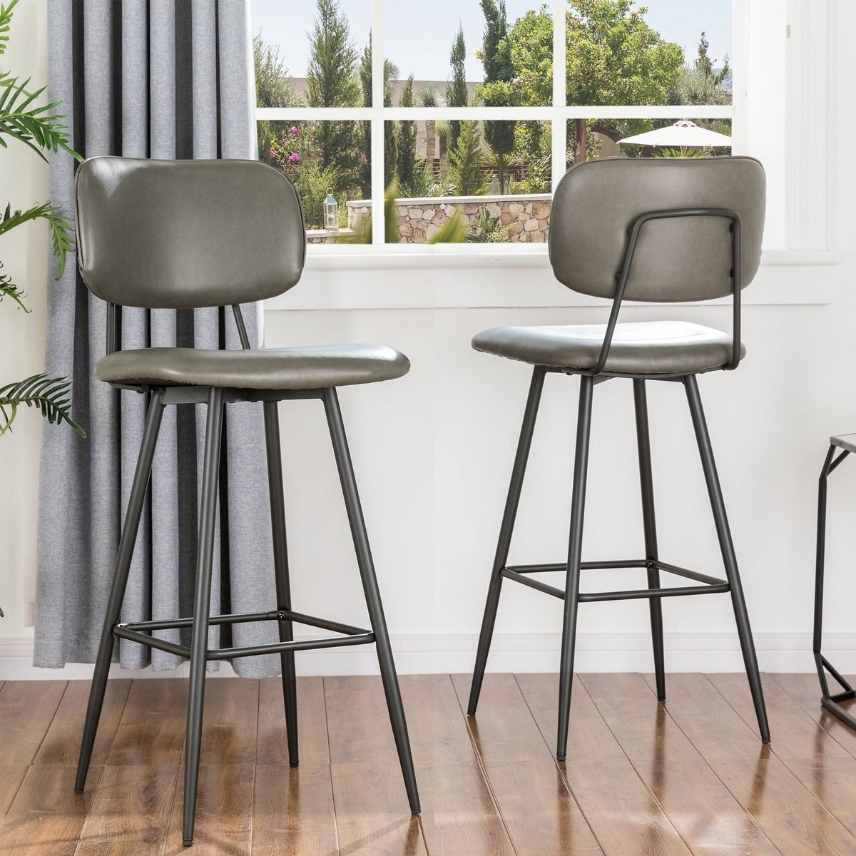 Grey PU Leather Bar Stool with Back, Set of 2 P51229