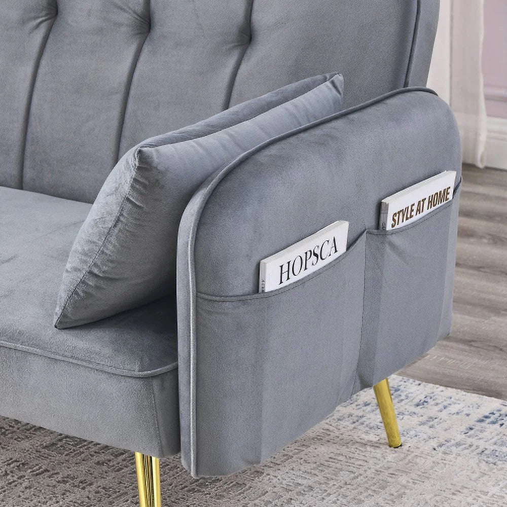 Grey Velvet Convertible Folding Sofa Bed O93044