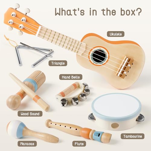 Kids Guitar Set 7 in 1 Musical Instruments with Ukulele Flute Tambourine Maracas O619