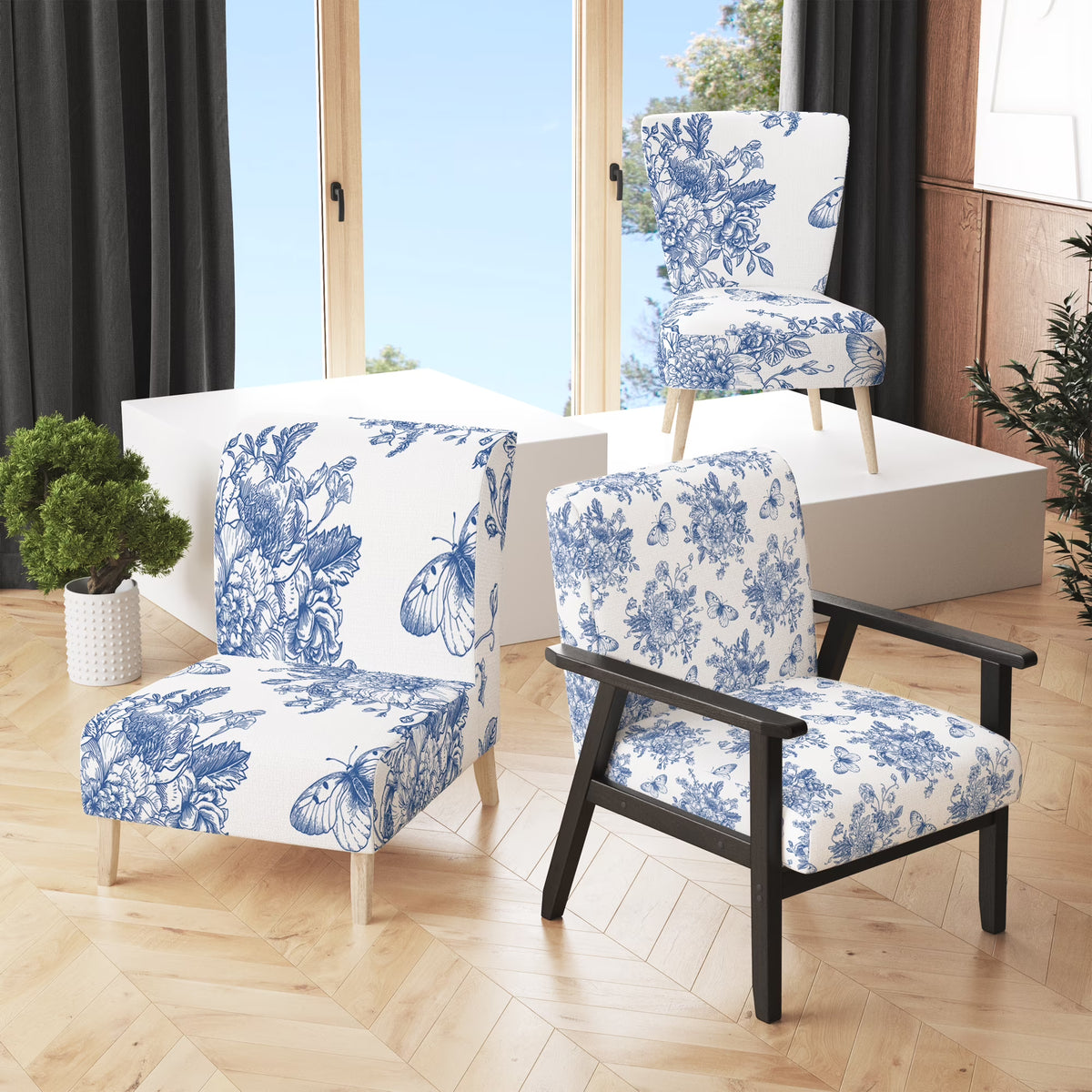 Blue Flowers and Butterflies Upholstered Accent Chair and Arm Chair O66099