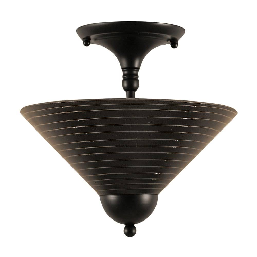 Two Light Semi-Flush Mount Matte Black with Charcoal Spiral Glass T968