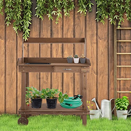 36" Wooden Potting Bench Work Table with 2 Removable Wheels, Brown J925