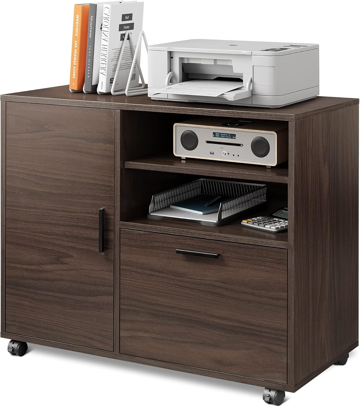 Walnut Wood Lateral File Cabinet with 1 Drawer and Storage Door H16304