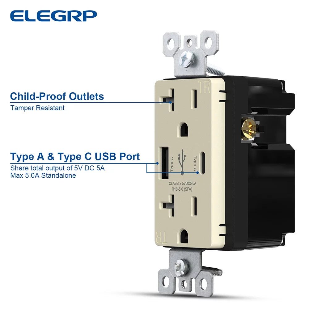 25-Watt 15 Amp Type A and Type C Dual USB Wall Charger with Duplex Tamper Resistant Outlet, Light Almond (2-Pack) S87112