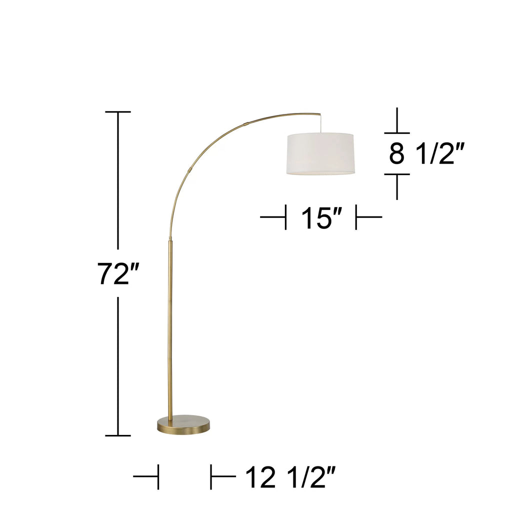 72" Tall Brass Metal Arc Floor Lamp with White Linen Drum Shade A708
