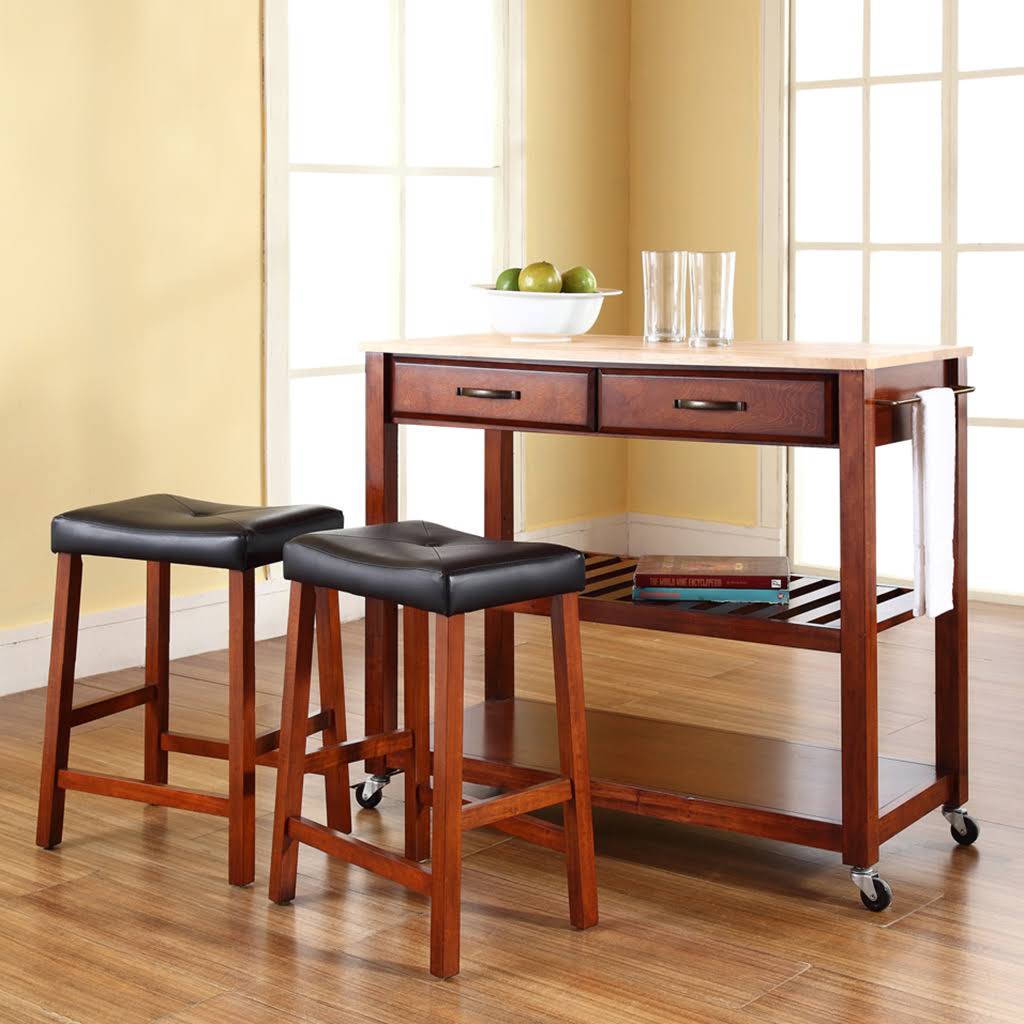 Natural Wood Top Kitchen Cart with 24x22 Saddle Stools M5790