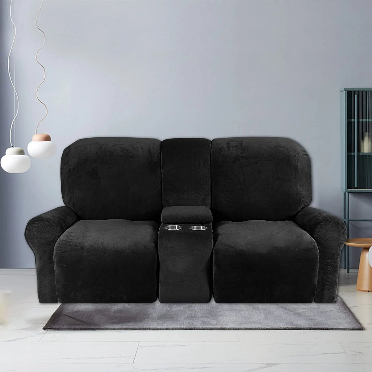 8 Pieces Velvet Reclining Love Seat Slipcover with Cup Holders S1024