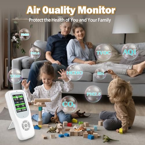 11-in-1 Air Quality Monitor with Stand for AQI, CO2, PM2.5, PM1.0, PM10, TVOC, HCHO, Particles, Temperature & Humidity (White-White) P300