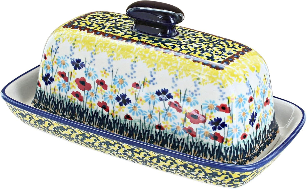 Blue Rose Polish Pottery Prairie Garden Butter Dish I713