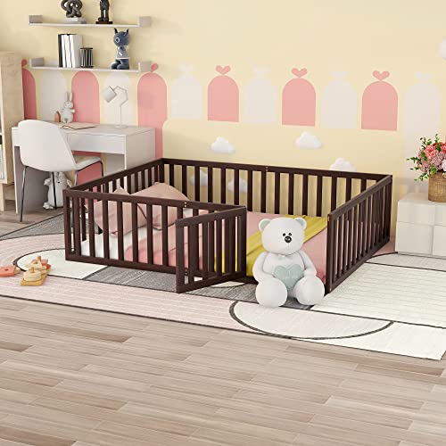 Twin Size Solid Wood Floor Bed Frame with Safety Fence A553